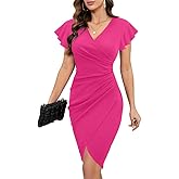 Machico 2026 Women's Sexy V Neck Ruffle Sleeve Faux Wrap Ruched Bodycon Sheath Cocktail Party Work Dress