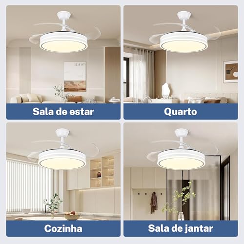 Ventilador de Teto com Luz LED Branco, 42'' Ventilador Regulável com Controle Remoto, Adequado para Quartos, Salas de Estar, Salas de Jantar e Cozinhas