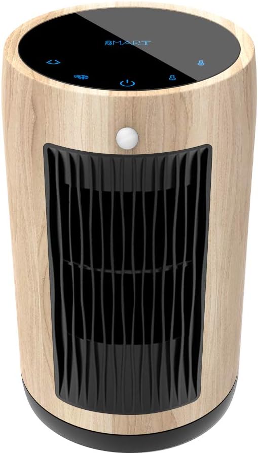 Electric Space Heater 1500W Portable Smart control,Touch panel, PIR Motion Sensor, Function 3 Modes with Overheat & Tip-over Shut off ，wood grain housing (Yellow fir)