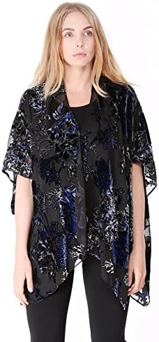 Outcrews Women's Floral Burnout Velvet Kimono Top Cardigan W/Short Sleeves, Cover up, One Size (6882)