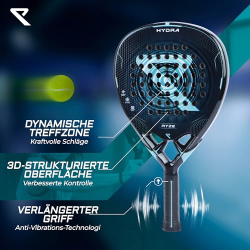RYZE Hydra Padel Racket Made of 100% Carbon Fibre - Maximum Power, Control & Precision - 365 g with EVA 18 Foam - Unisex Padel Racket for Men & Women - Padel Racket Set with Free Case