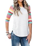 MEROKEETY Women's Striped Contrast Color Tops 3/4 Sleeve Baseball Tee Printed Raglan Shirt Tunic
