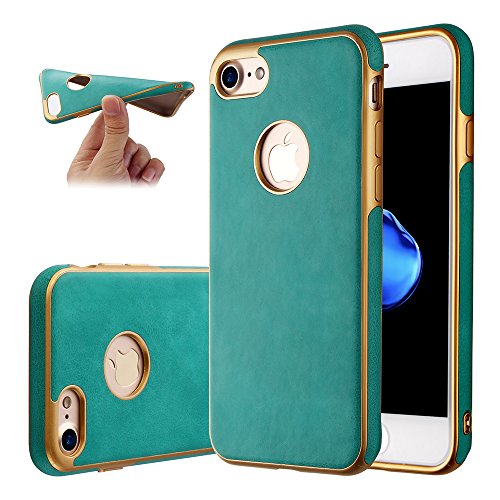 Luxury Leather TPU Cases For Iphone 7 Back Cover Electroplating Frame Hybrid Slim Soft Silicone Cases for Iphone 7 (Turquoise)