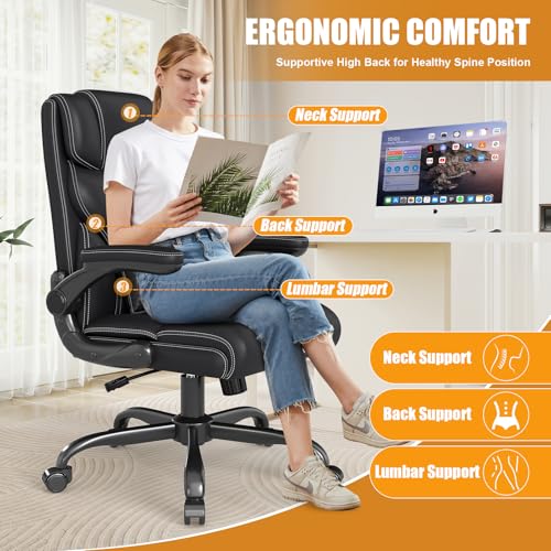 Executive Office Chair with Flip-up Armrests,Ergonomic Computer Desk Chairs,Mid-Tall Back Leather Office Chair 400 Lbs,Lumbar Support Swivel PC Chair with Rocking Function
