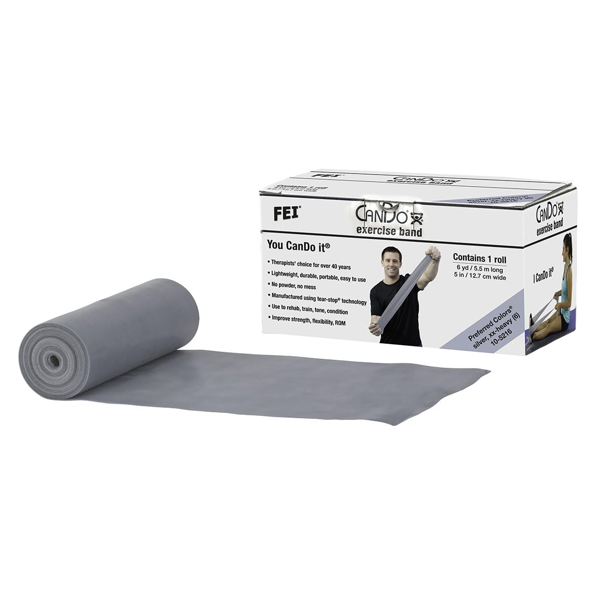 CanDo Resistance band / training band / gymnastics band - dispenser box, 5.5 m - silver (very very strong) - alternative to dumbbells