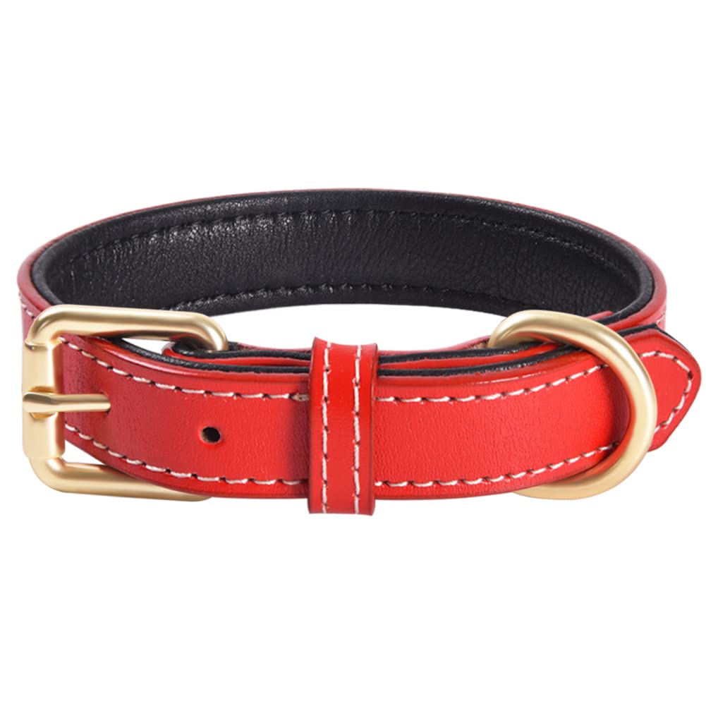 Genuine Leather Padded Dog Collar Comfortable Strong Soft Collars Best for Small Medium and Large Breed Dogs （Red）(M)