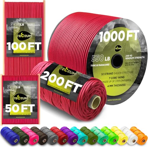 TECEUM Paracord Tipo III 550 Carmín – 30 m – 4mm – Cuerda Táctica MIL-Spec – Equipo y Suministros de Camping, Senderismo y Pesca – Cuerda Paracaídas EDC – Cuerda de Supervivencia Fuerte(100ft) 324