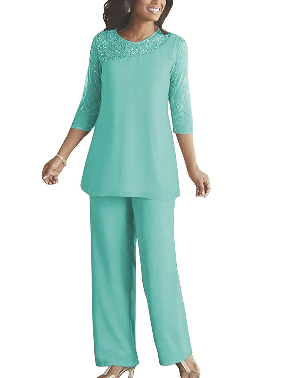 LoveeToo Women's 2 Pieces Chiffon Mother of Groom Dress Pant Suits Half