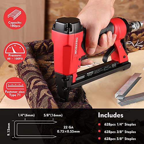 WORKPRO - Pneumatic stapler with 1884 staples, used pneumatic nailer staples type 71/6-16mm, ideal for DIY, decoration, wall, tapestry, wood