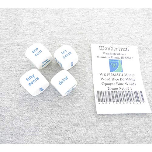 Money Word Dice D6 White Opaque with Blue Words 20mm (25/32in) Set of 4 Wondertrail