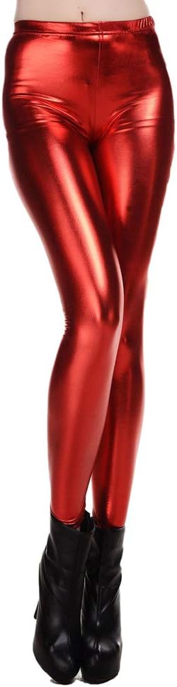 Women's Shiny Metallic Leggings Bright Pu-Leather High Waisted Stretchy Disco Female Ladies Retro Wet Look Faux Leather Glitter Tights Pencil Pants Party Club