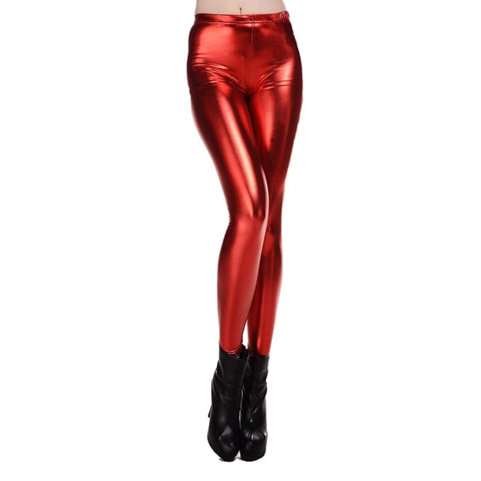 WanYangg Damen Lederoptik Leggins Wetlook Metallisch Glänzende Flüssigkeit Skinny Glanz Stretch Strumpfhosen Enge Hosen Glitz