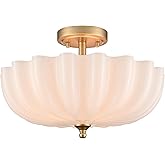 SHAWNKEY Modern Brushed Brass Gold Semi Flush Mount Light with Milky Flower Shade Ceiling Light Fixture for Living Room Bedro
