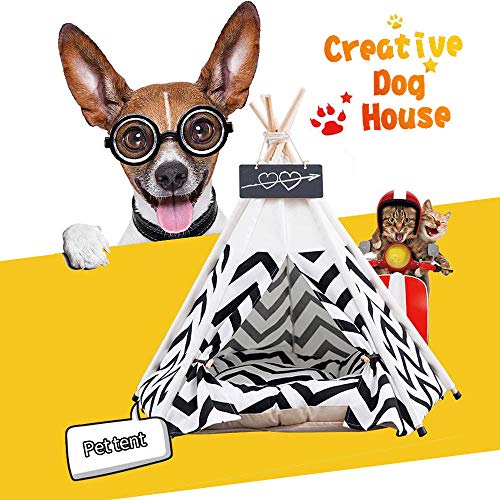 Pet Tent for Dogs Puppy Cat Bed White Canvas Dog Cute House Pet Teepee with Cushion 24inch Indoor Outdoor