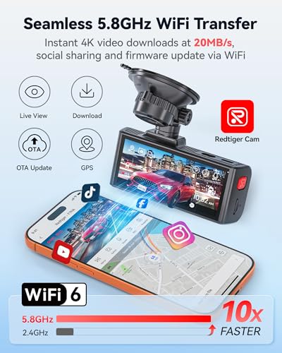 REDTIGER F7NA 4K Front Rear Dashcam, STARVIS 2 IMX678 8MP Sensor, WiFi 5GHz 20MB/s, GPS, Night Vision, Dual Car Camera, WDR, Voice Control, No SD Card, Supports 512GB Max