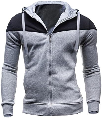 OUCHI Men's Cotton Blend Casual Sportwear Full Zip Contrast Color Slim Hoodie Grey