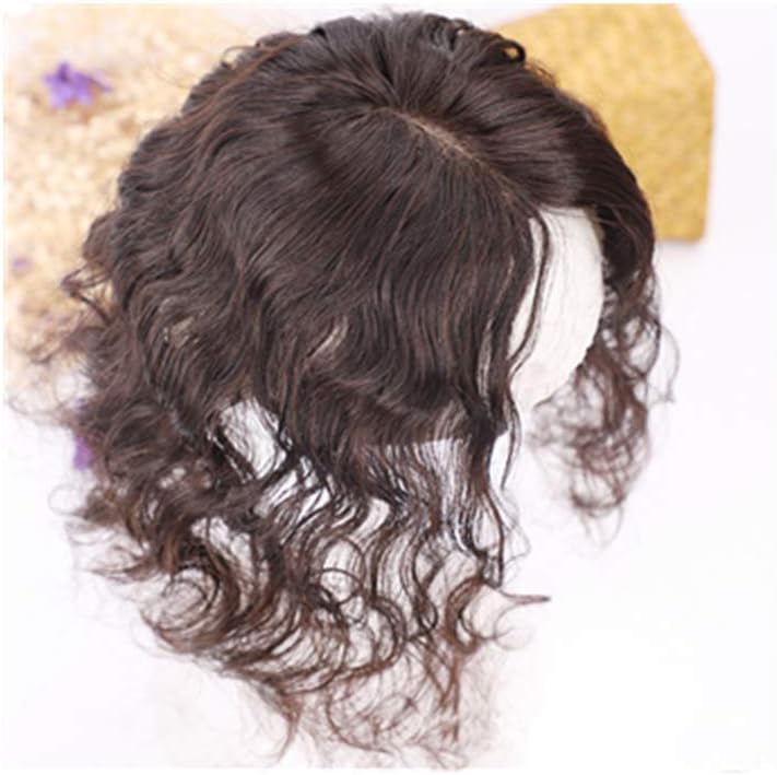 58cm Silk Top Curly Human Hair Wiglet Toppers Top Hair Extensions Increase Volume Toupee Hairpiece for Covering White Hair Thin Hair (Hair length6.5") Black
