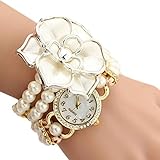 Binmer(TM) Women Flowers Pearl Wrapped Bracelet Watch Ladies Fashion Students Watch (White)