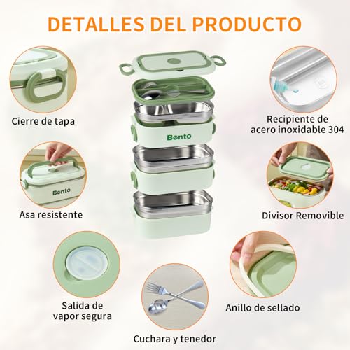 KIROGILY Bento Box para Adultos de 2400 ml, Práctica Lunch Box de 3 Capas, Toppers para Lunch Prueba Fugas. Fiambrera Incluye Vajilla y Bolsa para el Almuerzo, Apto para Salir y Trabajar