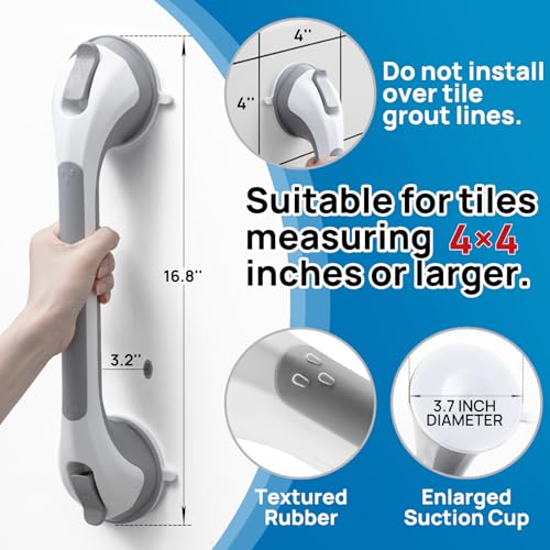 LEVERLOC 2 Pack Shower Grab Bars for Bathtubs and Showers, Easy to Install Suction Shower Handles for Bathroom Removable Handrails for Seniors Elderly Heavy Duty Safety Grip Waterproof Drill Free Gray