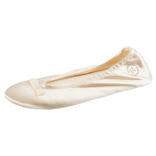 Isotoner Ballerina Slippers for Women – Soft Satin House Shoes with Bow and Suede Sole – Classic Comfy Travel and Bedroom Slippers – Cute Bridal Party Slippers, Cream Ribbon Bow, 5-6