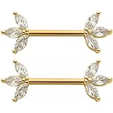 Pierced Owl 14GA 316L Stainless Steel Triple CZ Crystal Marquise Ends Nipple Barbells, Sold as a Pair