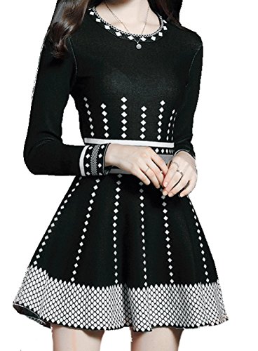 celebritystyle black/white print sweater knit fit & flare mini dress Petite (S, black)