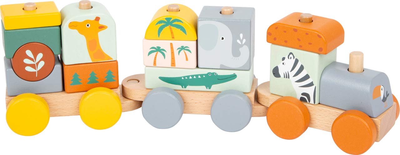 Small Foot 11698 Wooden Train Safari, an insert and stacking game, pastel-coloured, for ages 3+ years