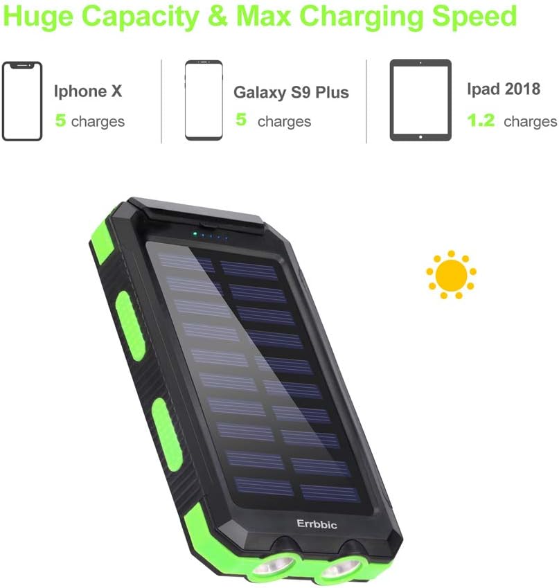 Solar Charger, 20000mAh Solar Power Bank Waterproof Portable Charger External Battery Packs with Dual 2 USB/LED Flashlights Port for iPhone Android Cellphones: Home Audio & Theater