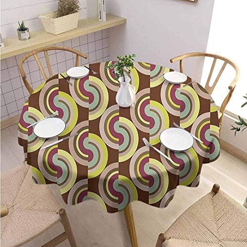 DILITECK Retro Food Round Tablecloth Vintage Hippie Modern Design with Geometric Colorful Rounds Circles Image Wrinkle Free Tablecloth Diameter 63" Lilac Purple and Cocoa