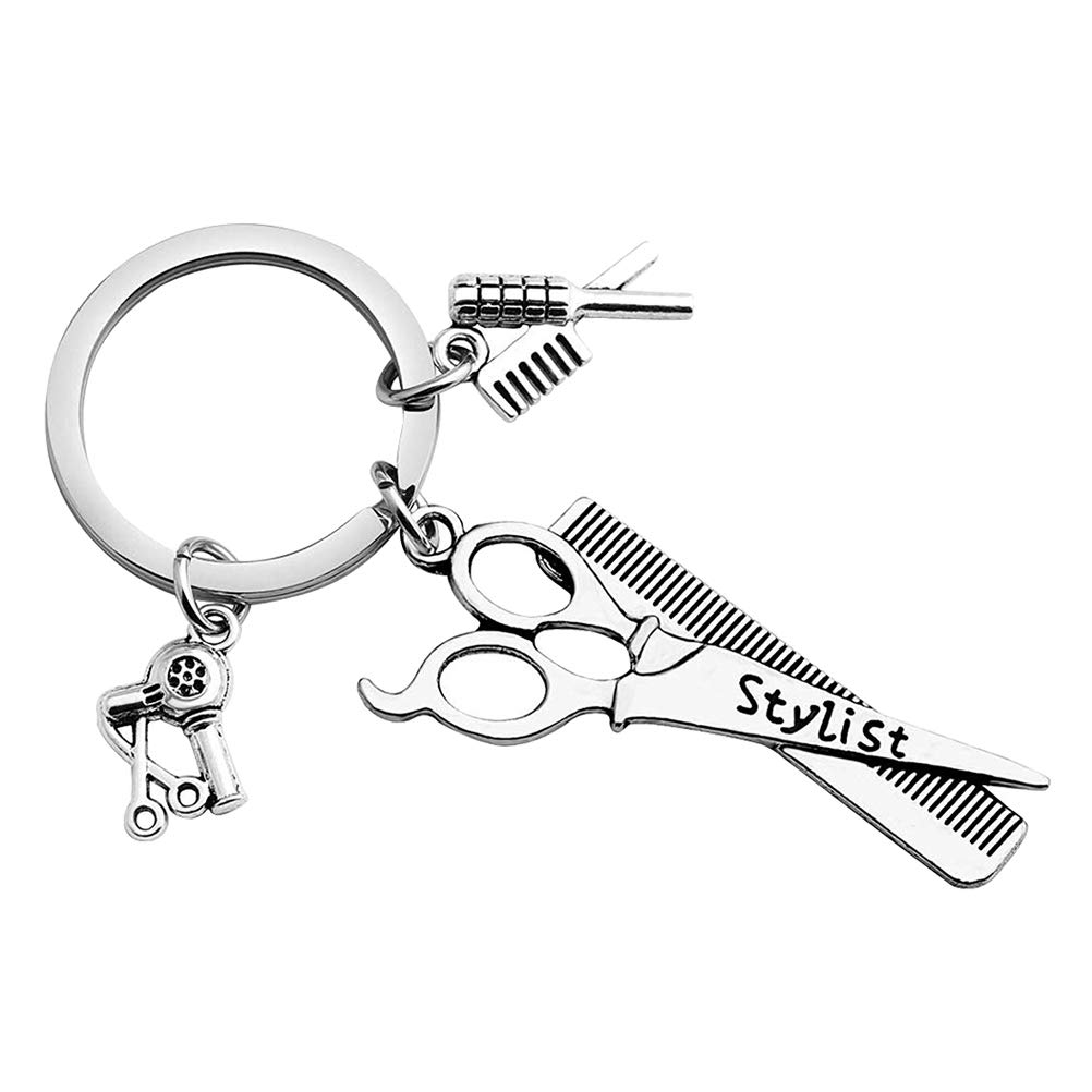 1 x keyring, hair dryer, combs, scissors, pendant, keyring, hanging ornament, for hairdresser, hairdresser.