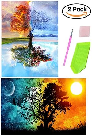 Muhuyi 2 Packs 5D DIY Diamond Painting Set Decorating Wall Stickers For Living Room,Starry Sky (30X45CM/11.8X17.7inch) And Magic Tree Reflection(30X40CM/11.8X15.7inch)
