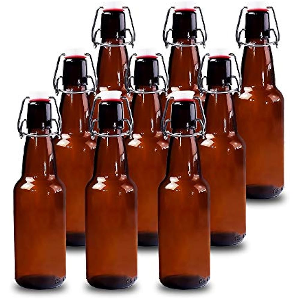 12 Oz Amber Glass Beer Bottles Home Brewing With Flip Caps, Case Of 9