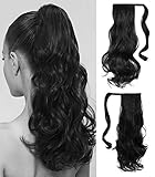 Black Ponytail Clip in Hair Extensions Natural Long Curly Wavy Wrap Around Wig 85g 16” by Rhyme - Drawstring Tie Up Pony Tail Hair piece For Women Girls Lady