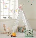 DalosDream Indoor Outdoor Classic White Cotton Canvas Play Teepee Tent for Toddler Kids with Mat Floor and Carry bag