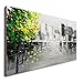 Winpeak Hand Painted Black and White Cityscape 3D Oil Painting on Canvas with Green Yellow Tree Wall Art City Artwork