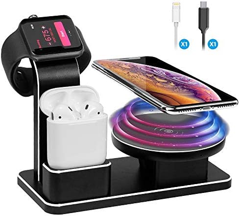 Runjnan 10W Fast Wireless Charger Stand for iPhone XS/X/8/8 Plus, Apple Watch Charging Dock AirPods Charge Station 3 in 1 Aluminum for iPhoneXS,Apple Watch Series 3/2/1, AirPods,S9/9 Plus