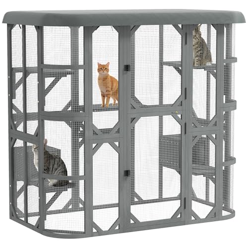 PawHut Catio Outdoor Cat Enclosure, 71" H Wooden Cat House with 5 Jumping Platforms, 2 Condos and Waterproof Cover, Walk-in Kitty Cage for 2–3 Kittens, Grey