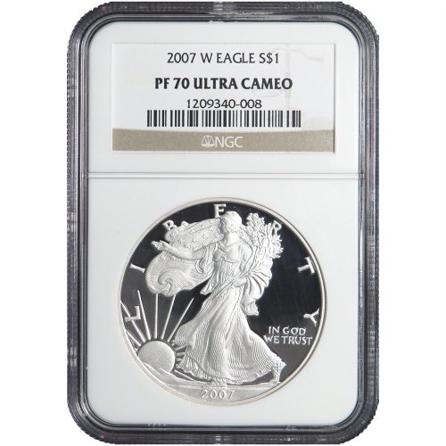 2007 W PROOF $1 AMERICAN SILVER EAGLE (BROWN LABEL) NGC PF70