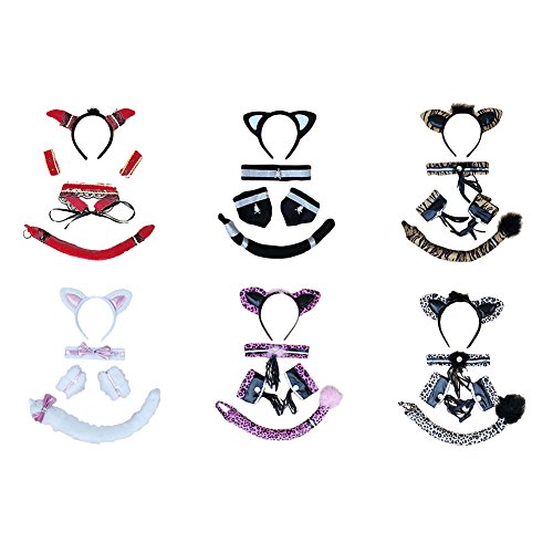 Mwfus Cute Halloween Animal Cosplay Costume Party Headdress Headband Necktie Tail Wristband Set