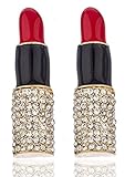Goldtone with Red Iced Out Lip Stick Stud Earrings