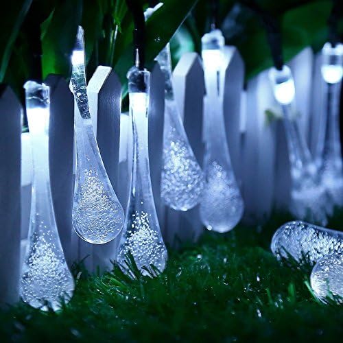 30 LEDs Waterproof Solar Powered Water Drop Shape String Fairy Lighting Party Lamps for Indoor/Outdoor Decorations. Pure White. 2 Pack.