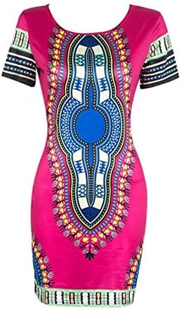 Orangesky Women Traditional African Print Dashiki Bodycon Short Sleeve Dress (M, Hot pink.)