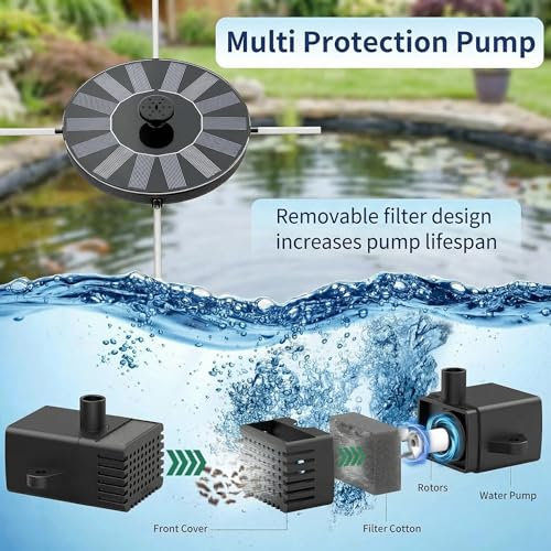 Outdoor Solar Garden Fountain with 6 Nozzles & 4 Fixed Rods, Outdoor Solar Pump for Bird Bath Aquarium Garden