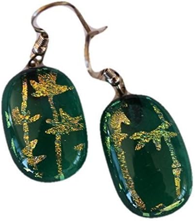 Jewels of Fire Golden Bamboo Shoot on Clear Green Glass Background Dichroic Glass Drop Earrings