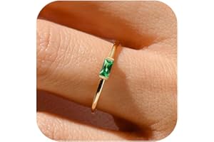 RLMOON Gold Birthstone Rings for Women Non Tarnish Gold Stackable Rings Dainty 14K Gold/Silver Plated Baguette CZ Emerald Green Ring Personalized Jewelry Gift for Birthday Size 4-10