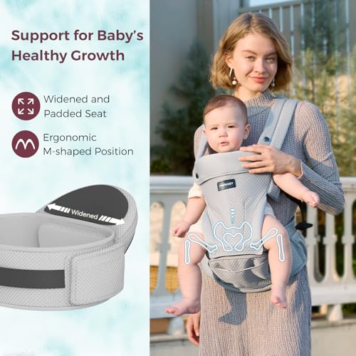 Momcozy Baby Carrier with Hip Seat,Ergonomic Support for Newborn to Toddler (0-36 Months), Hands-Free for Travel, Shopping & Daily Use,Lightweight & Adjustable,Grey