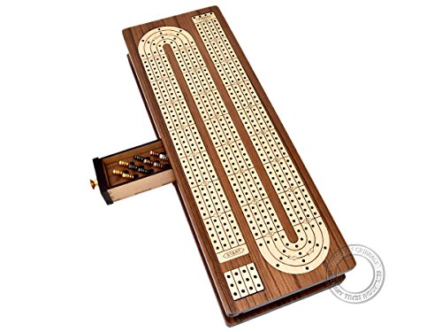 House of Cribbage - Continuous Cribbage Board Inlaid in Teak Wood / Maple Wood - 4 Track - Separate Storage Space for Two Deck of Cards & Pegs