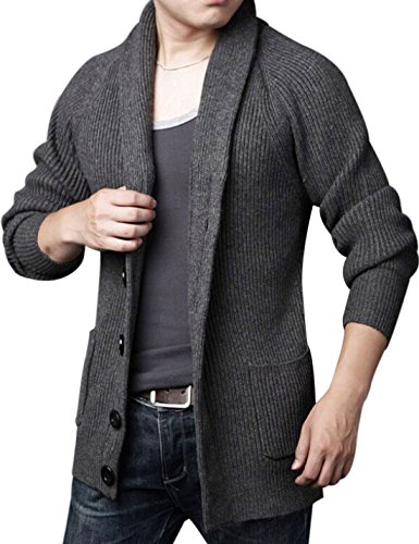 Yeokou Men's Casual Slim Thick Knitted Shawl Collar Cardigan Sweaters Pockets (Medium, Grey)