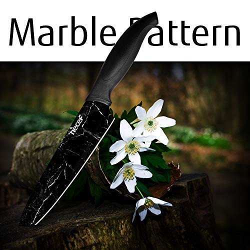hecef Marble Pattern Kitchen Knife Set of 5, Stainless Steel Blade with Ergonomic Handle（PP+TPR Material）includes Santoku, Chef, Bread, Utility and Paring Knife